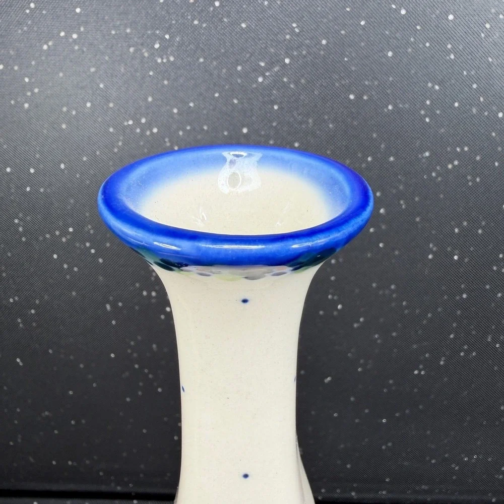 Boleslawiec Polish Pottery Bud Vase Monika J Signed Yellow Floral Blue 9.5in